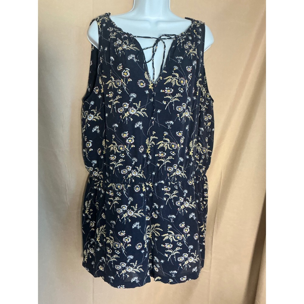 LOFT Floral Romper Women Large Navy Blue Excellent Sleeveless Tie Front Pocket